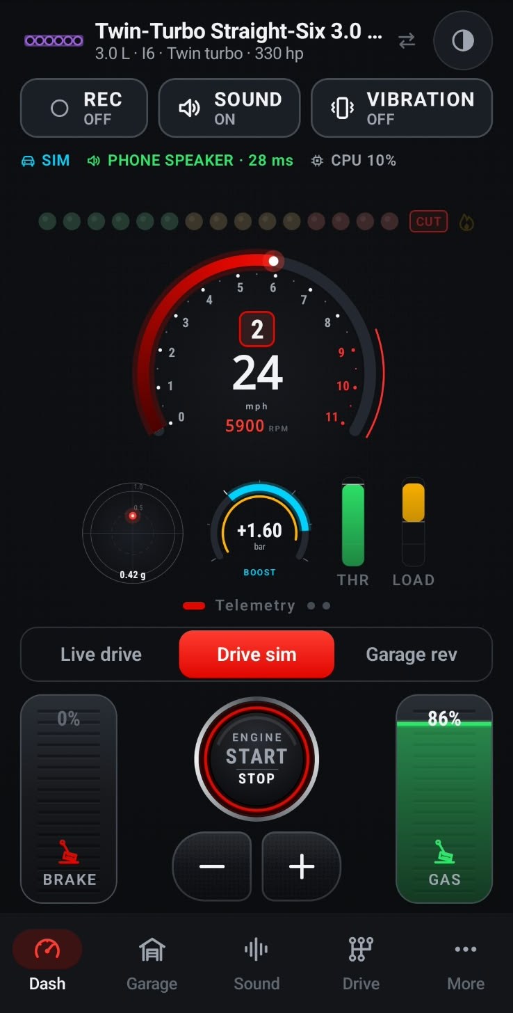 WattGrowl dashboard: tachometer at 5,900 rpm in 2nd gear at 24 mph, boost gauge, g-meter, brake and gas pedals