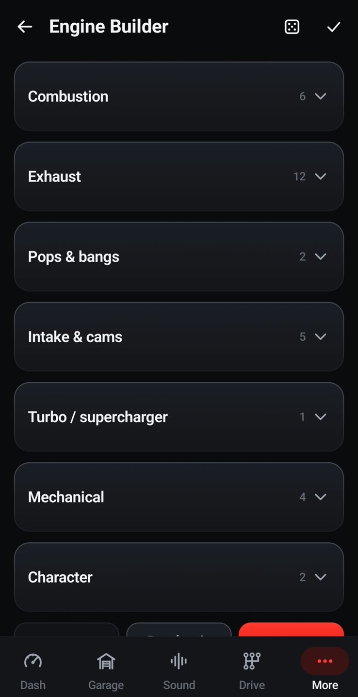 Engine Builder sections: Combustion, Exhaust, Pops and bangs, Intake and cams, Turbo and supercharger, Mechanical, Character