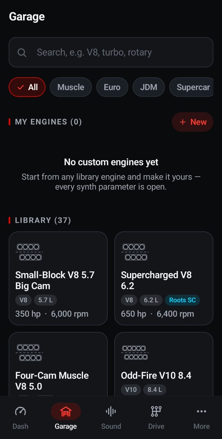 Garage with a search field, Muscle, Euro, JDM and Supercar filters, and a library of 37 engines