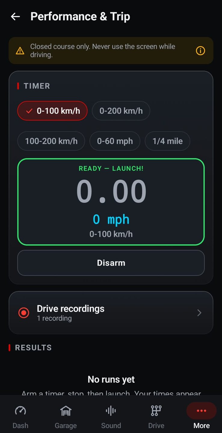 Armed 0-100 km/h timer with a green box reading Ready — Launch!, 0.00 seconds at 0 mph, a Disarm button, and Drive recordings showing 1 recording