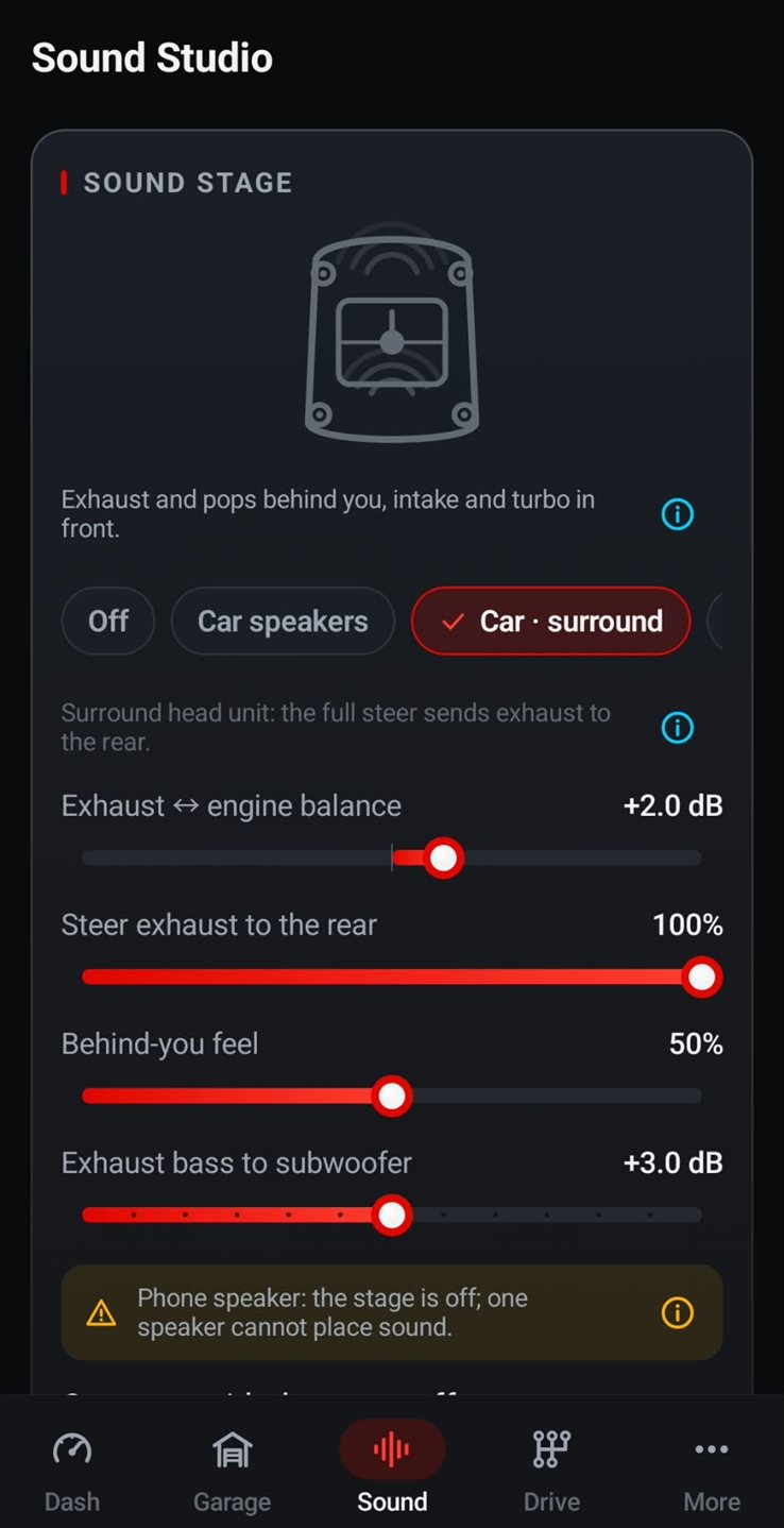 Sound stage set to Car surround: exhaust to engine balance at +2.0 dB, exhaust steered 100% to the rear, behind-you feel at 50% and exhaust bass to the subwoofer at +3.0 dB