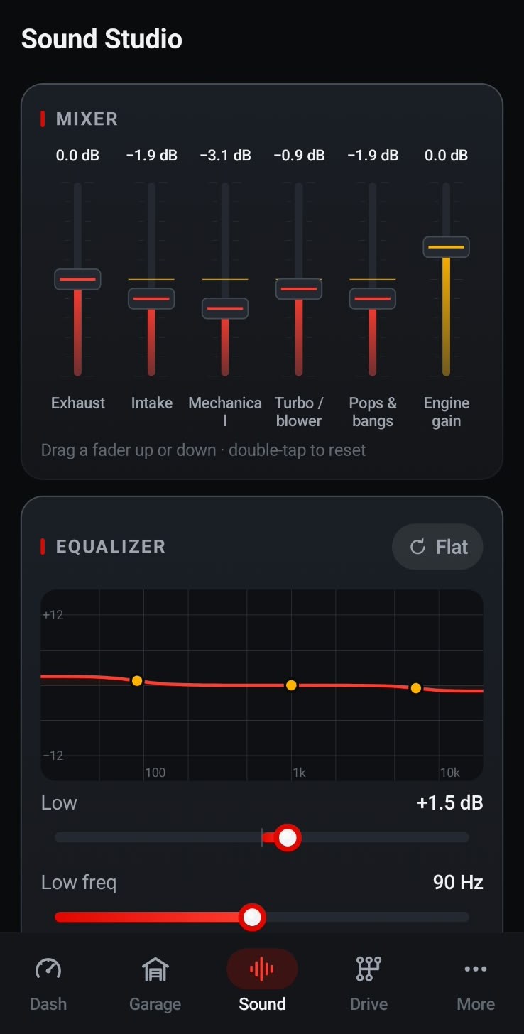 Sound Studio with faders for exhaust, intake, mechanical, turbo, pops and engine gain, and an equalizer